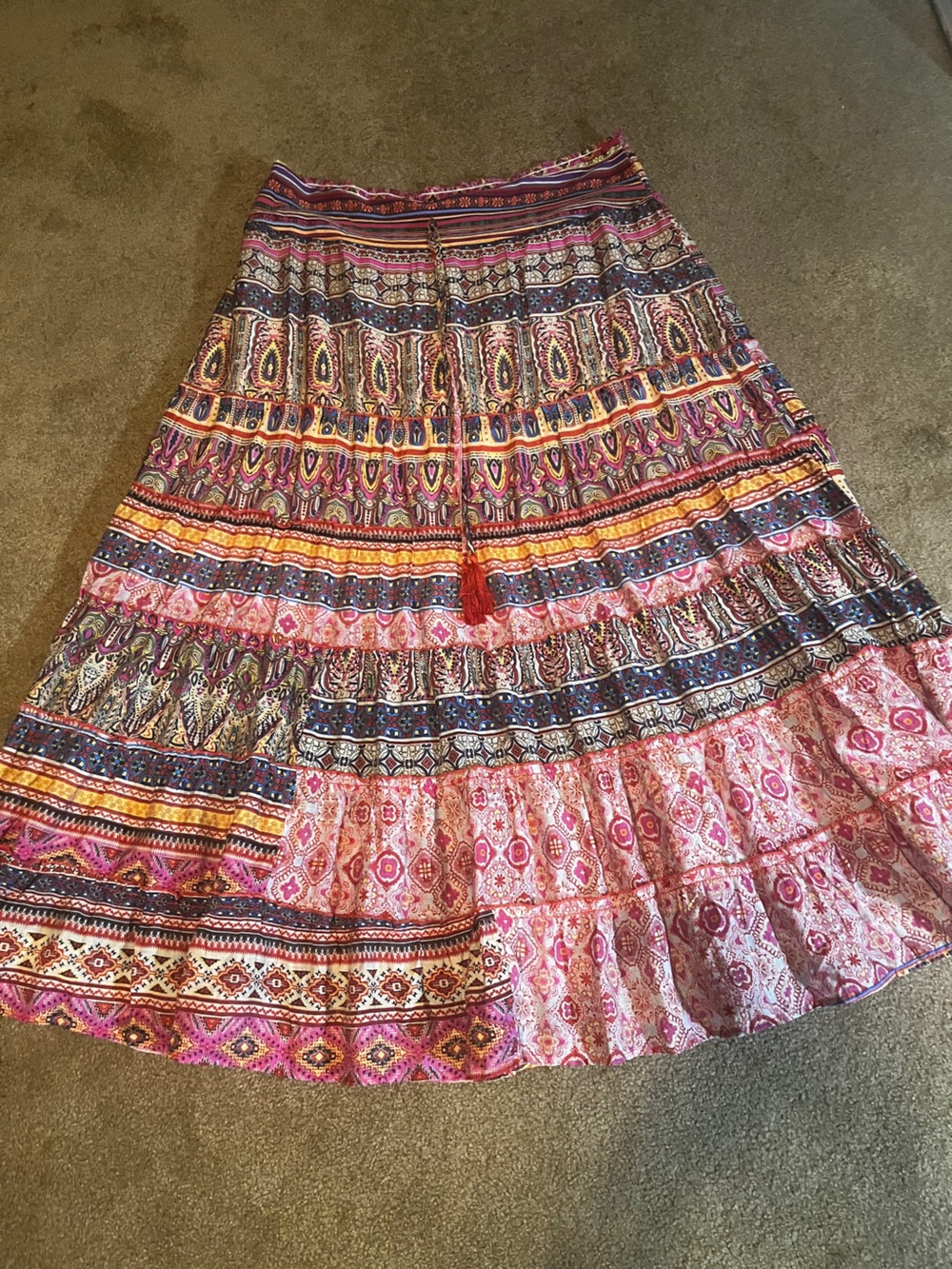 NWT easel Multicolor Tiered Boho Maxi Skirt with Tassel